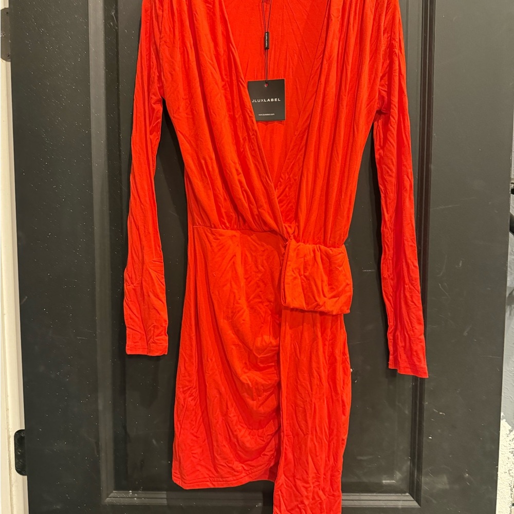 JLUXLABEL Orange Plunge Neck Long Sleeve Mini Dress